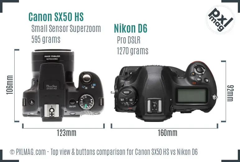Canon SX50 HS vs Nikon D6 top view buttons comparison