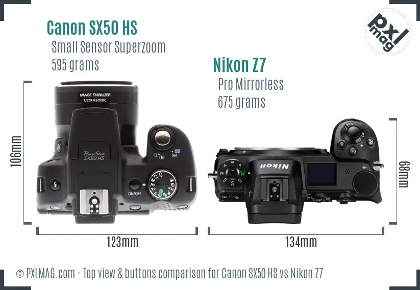 Canon SX50 HS vs Nikon Z7 top view buttons comparison