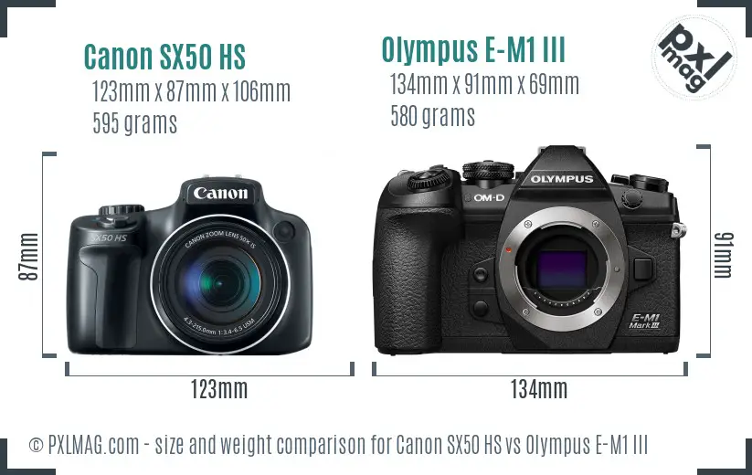 Canon SX50 HS vs Olympus E-M1 III size comparison