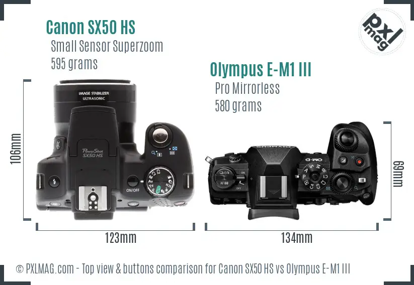 Canon SX50 HS vs Olympus E-M1 III top view buttons comparison