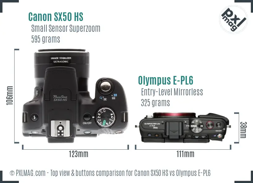 Canon SX50 HS vs Olympus E-PL6 top view buttons comparison