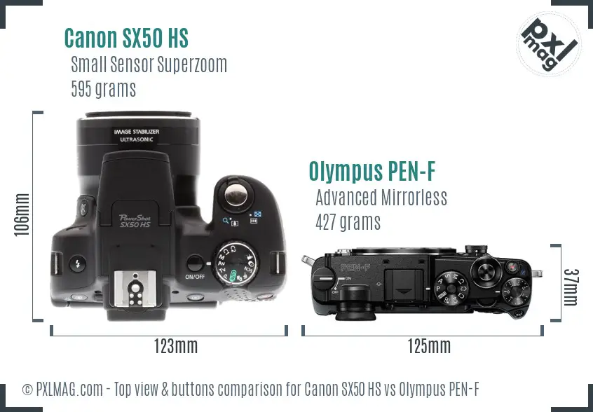 Canon SX50 HS vs Olympus PEN-F top view buttons comparison