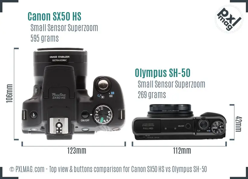 Canon SX50 HS vs Olympus SH-50 top view buttons comparison