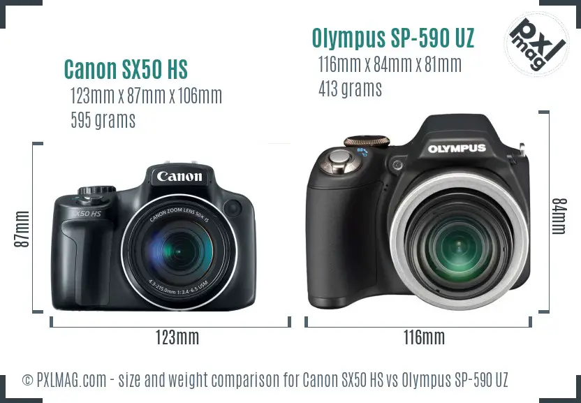 Canon SX50 HS vs Olympus SP-590 UZ size comparison