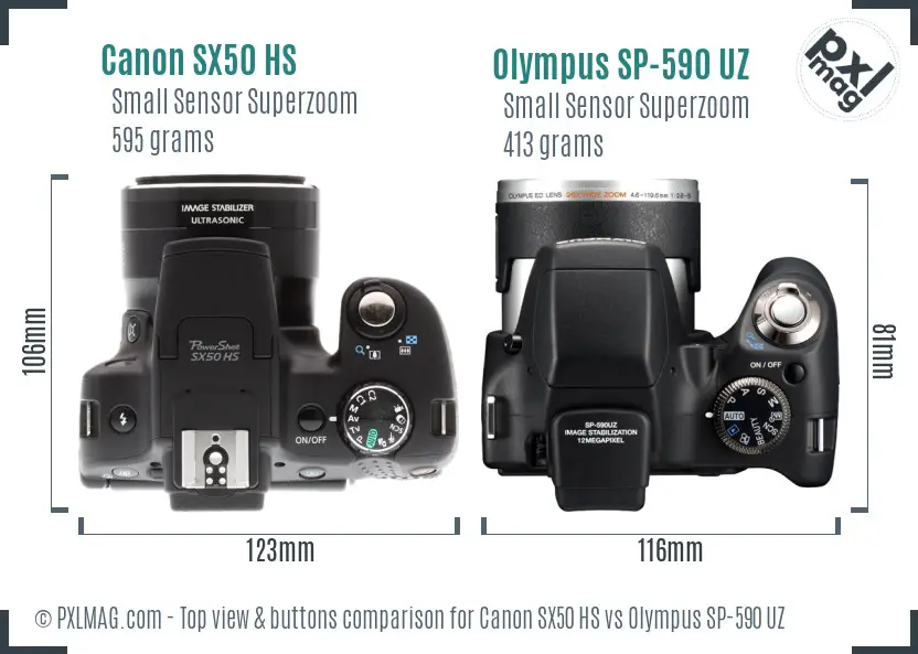 Canon SX50 HS vs Olympus SP-590 UZ top view buttons comparison