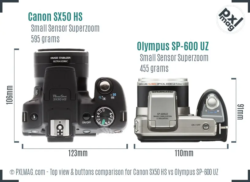 Canon SX50 HS vs Olympus SP-600 UZ top view buttons comparison