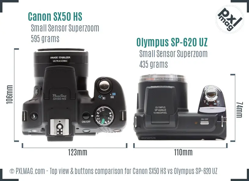 Canon SX50 HS vs Olympus SP-620 UZ top view buttons comparison