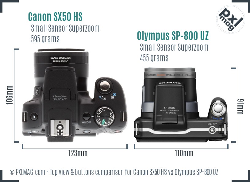 Canon SX50 HS vs Olympus SP-800 UZ top view buttons comparison