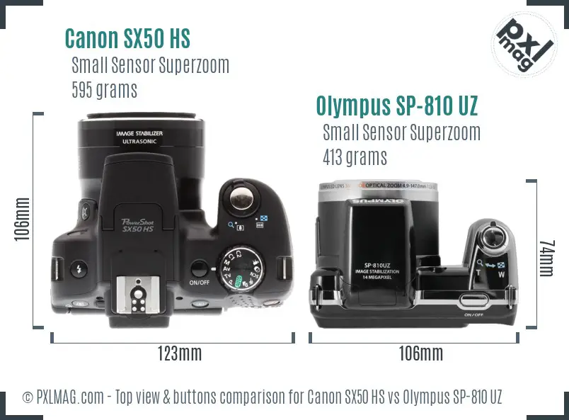 Canon SX50 HS vs Olympus SP-810 UZ top view buttons comparison