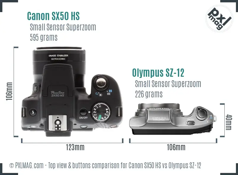 Canon SX50 HS vs Olympus SZ-12 top view buttons comparison Canon SX50 HS vs Olympus SZ-12 top view buttons comparison