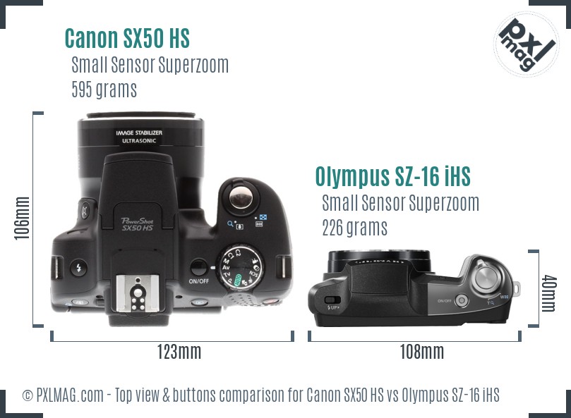 Canon SX50 HS vs Olympus SZ-16 iHS top view buttons comparison