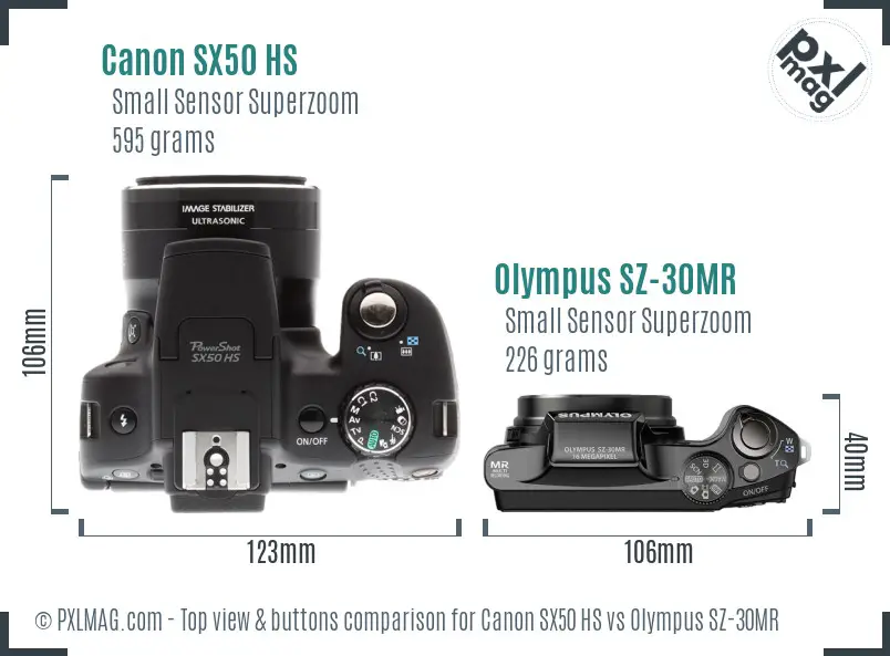 Canon SX50 HS vs Olympus SZ-30MR top view buttons comparison