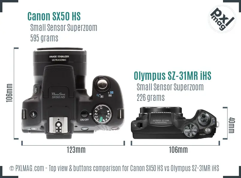Canon SX50 HS vs Olympus SZ-31MR iHS top view buttons comparison