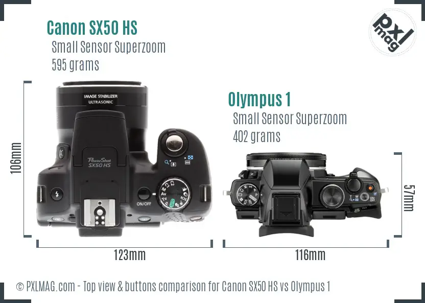 Canon SX50 HS vs Olympus 1 top view buttons comparison