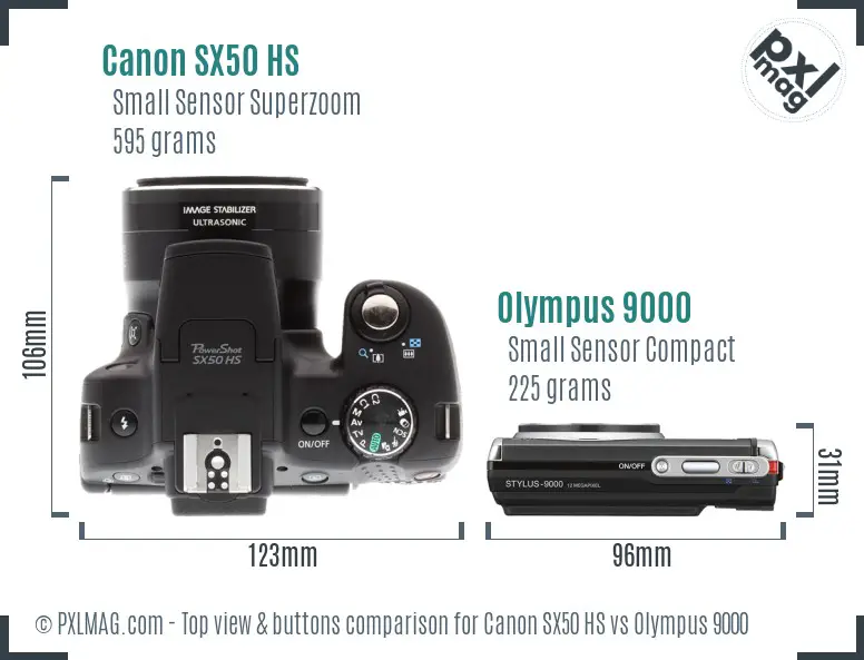 Canon SX50 HS vs Olympus 9000 top view buttons comparison Canon SX50 HS vs Olympus 9000 top view buttons comparison