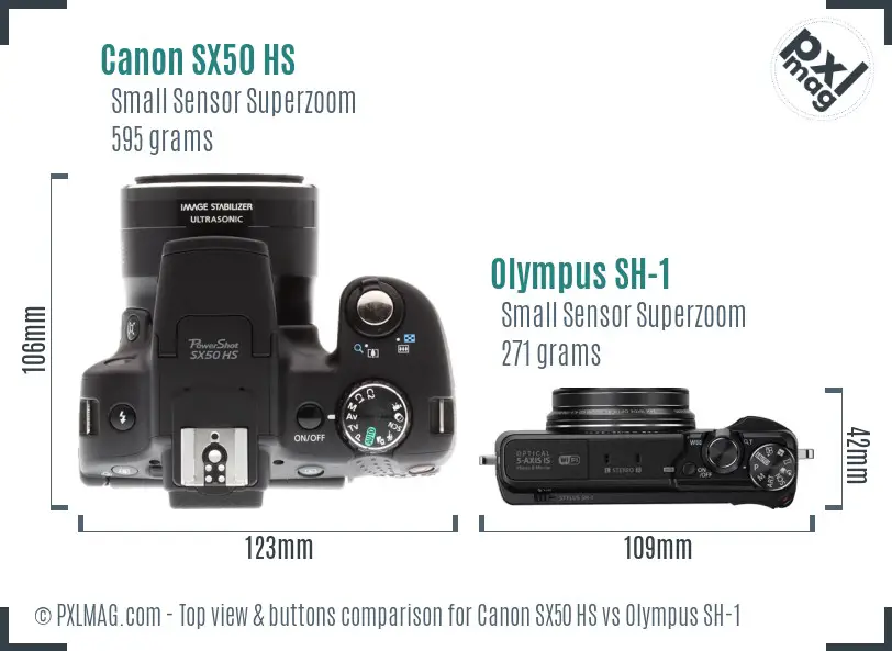 Canon SX50 HS vs Olympus SH-1 top view buttons comparison