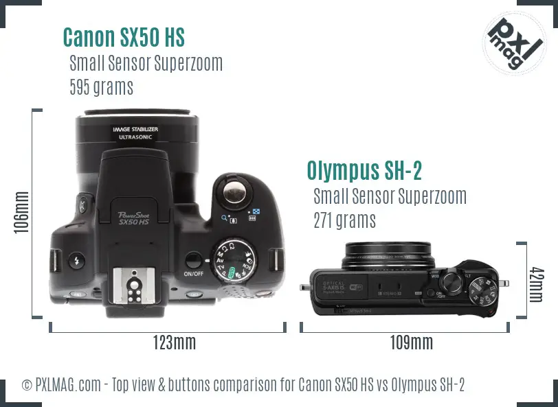 Canon SX50 HS vs Olympus SH-2 top view buttons comparison