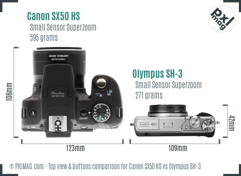 Canon SX50 HS vs Olympus SH-3 top view buttons comparison