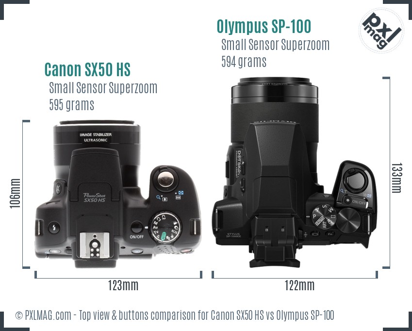 Canon SX50 HS vs Olympus SP-100 top view buttons comparison