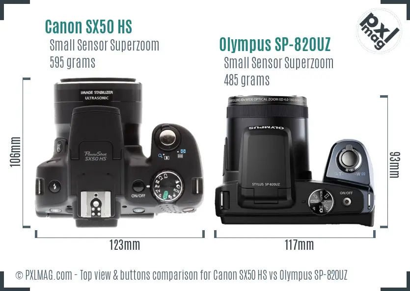 Canon SX50 HS vs Olympus SP-820UZ top view buttons comparison