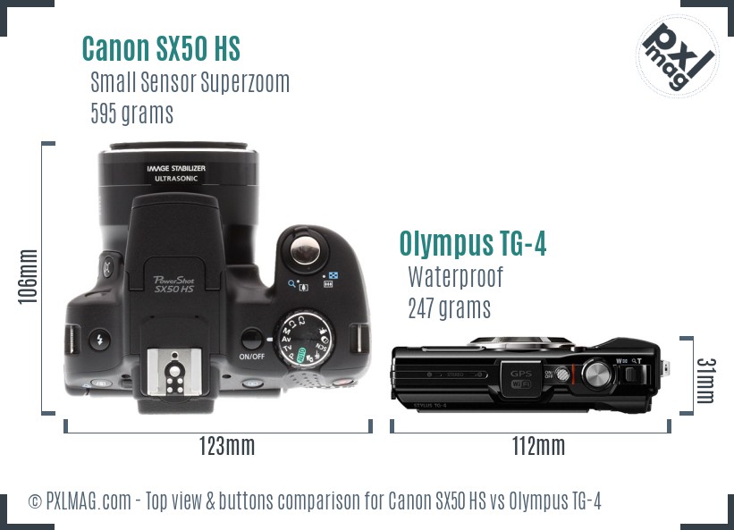 Canon SX50 HS vs Olympus TG-4 top view buttons comparison