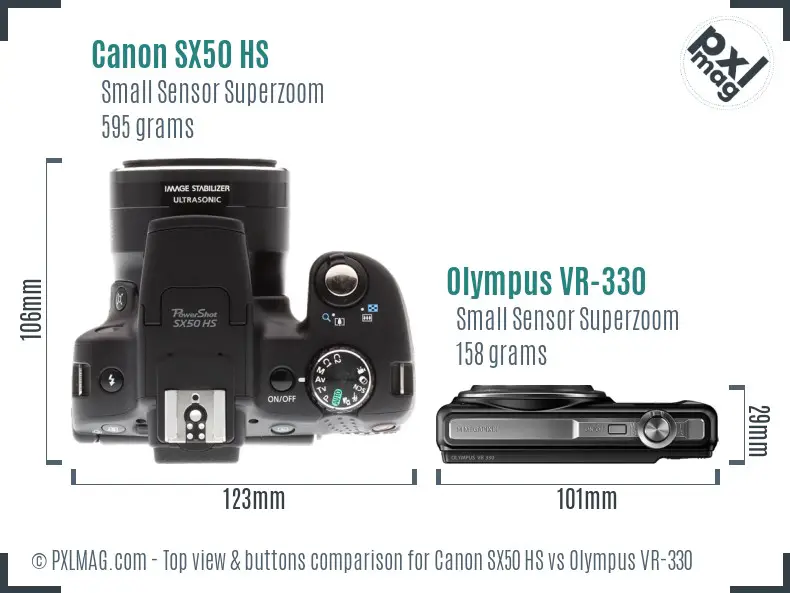 Canon SX50 HS vs Olympus VR-330 top view buttons comparison