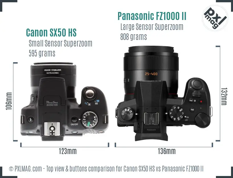 Canon SX50 HS vs Panasonic FZ1000 II top view buttons comparison