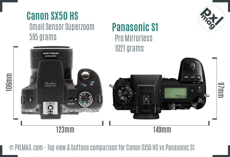 Canon SX50 HS vs Panasonic S1 top view buttons comparison Canon SX50 HS vs Panasonic S1 top view buttons comparison