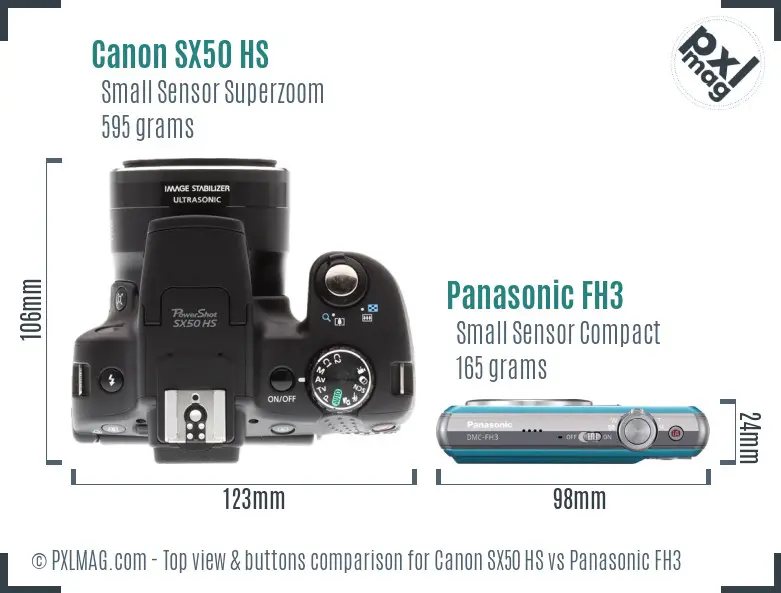 Canon SX50 HS vs Panasonic FH3 top view buttons comparison Canon SX50 HS vs Panasonic FH3 top view buttons comparison