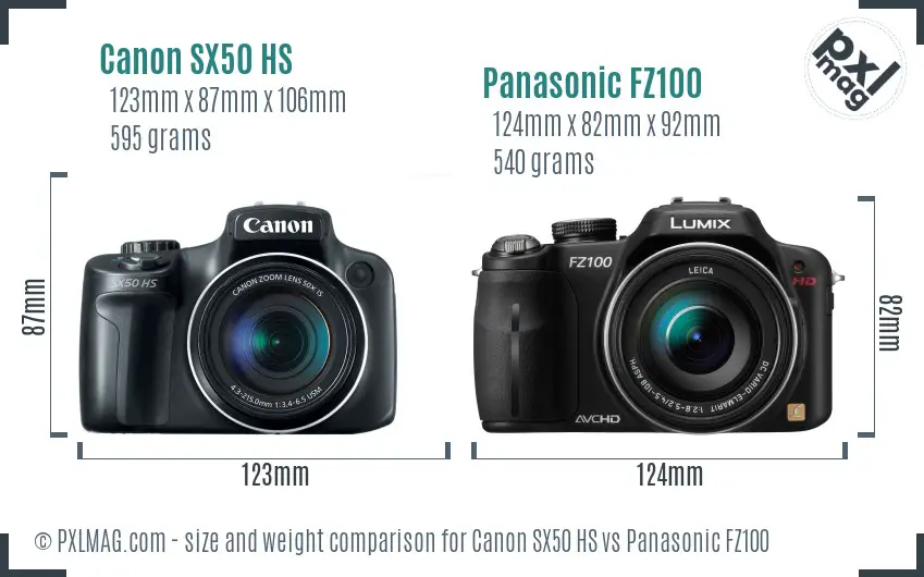 Canon SX50 HS vs Panasonic FZ100 size comparison Canon SX50 HS vs Panasonic FZ100 size comparison