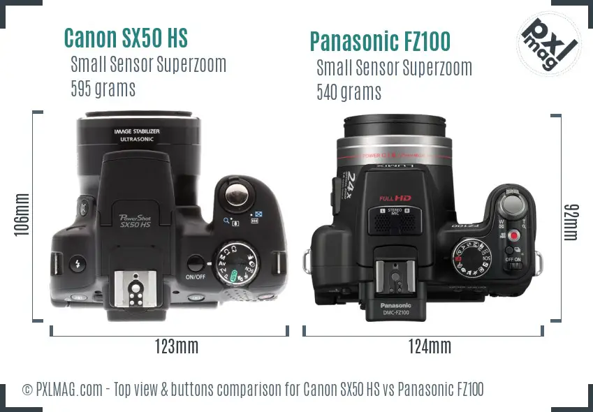 Canon SX50 HS vs Panasonic FZ100 top view buttons comparison Canon SX50 HS vs Panasonic FZ100 top view buttons comparison