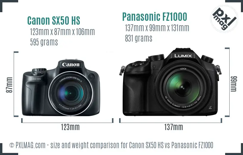 Canon SX50 HS vs Panasonic FZ1000 size comparison
