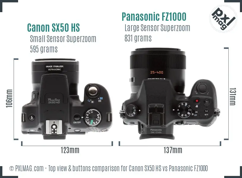 Canon SX50 HS vs Panasonic FZ1000 top view buttons comparison