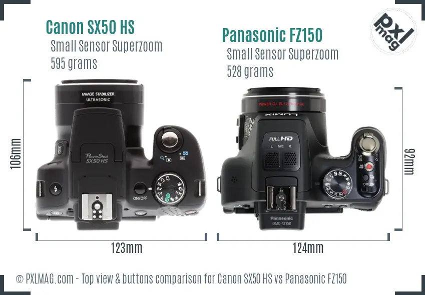 Canon SX50 HS vs Panasonic FZ150 top view buttons comparison