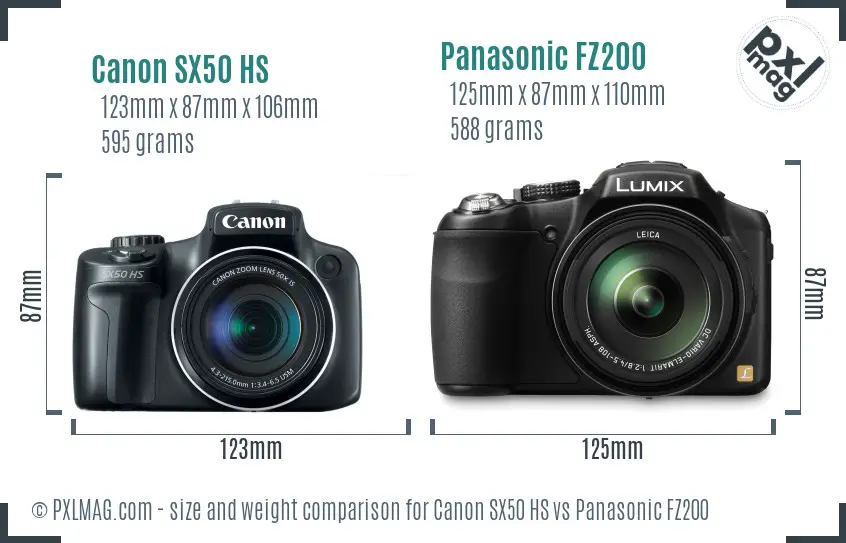 Canon SX50 HS vs Panasonic FZ200 size comparison