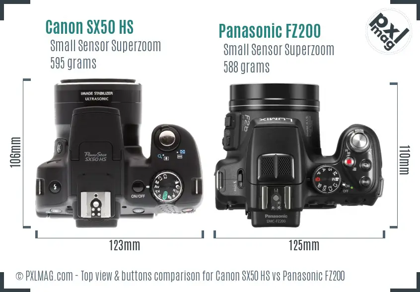 Canon SX50 HS vs Panasonic FZ200 top view buttons comparison