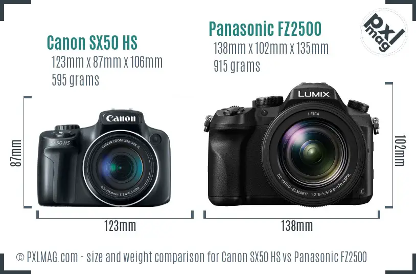 Canon SX50 HS vs Panasonic FZ2500 size comparison