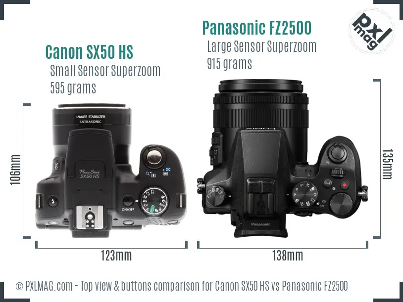 Canon SX50 HS vs Panasonic FZ2500 top view buttons comparison