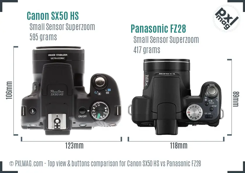 Canon SX50 HS vs Panasonic FZ28 top view buttons comparison