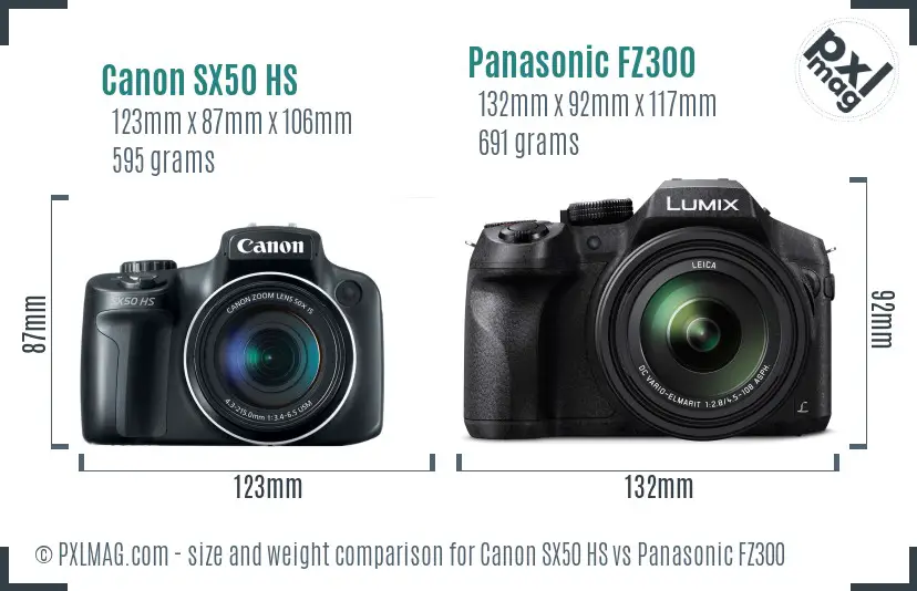 Canon SX50 HS vs Panasonic FZ300 size comparison
