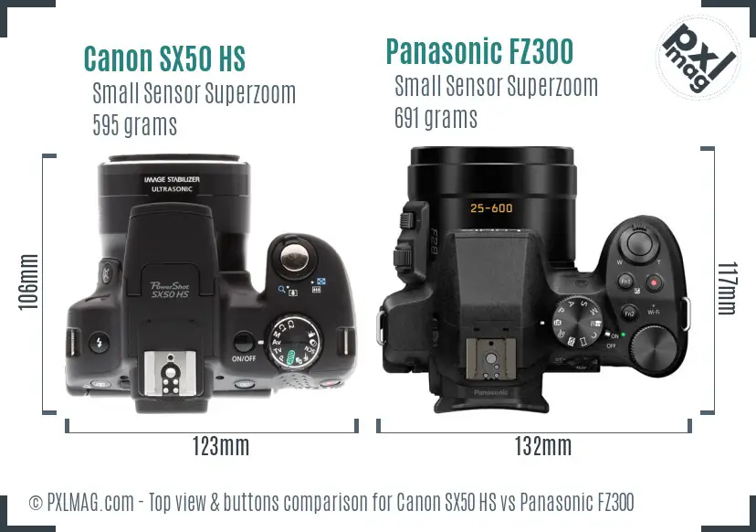 Canon SX50 HS vs Panasonic FZ300 top view buttons comparison