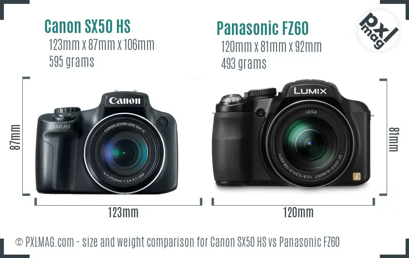 Canon SX50 HS vs Panasonic FZ60 size comparison