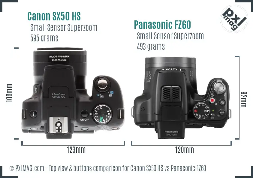 Canon SX50 HS vs Panasonic FZ60 top view buttons comparison
