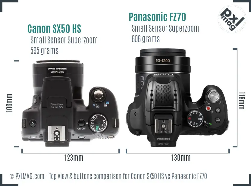Canon SX50 HS vs Panasonic FZ70 top view buttons comparison