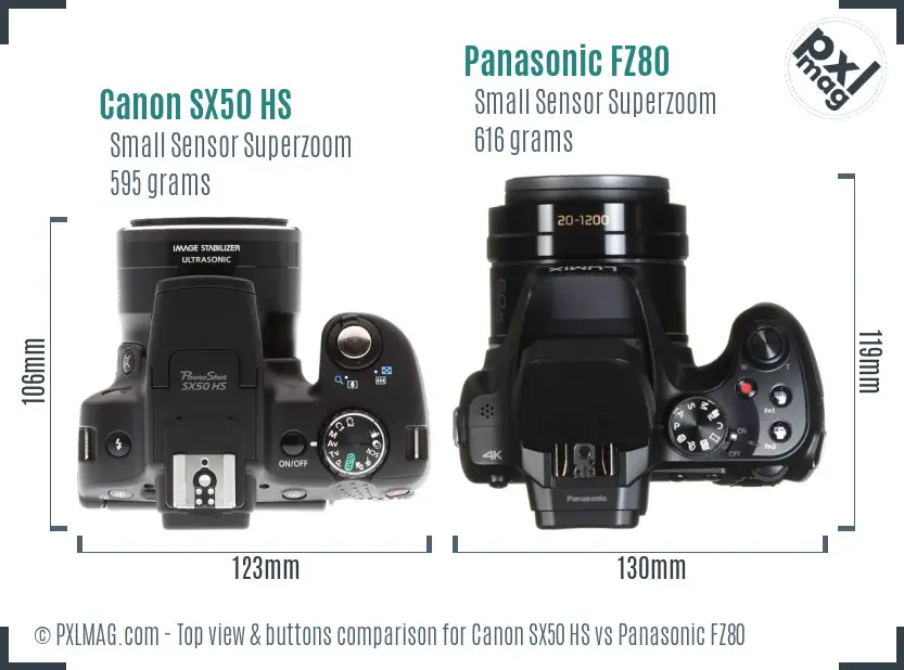 Canon SX50 HS vs Panasonic FZ80 top view buttons comparison