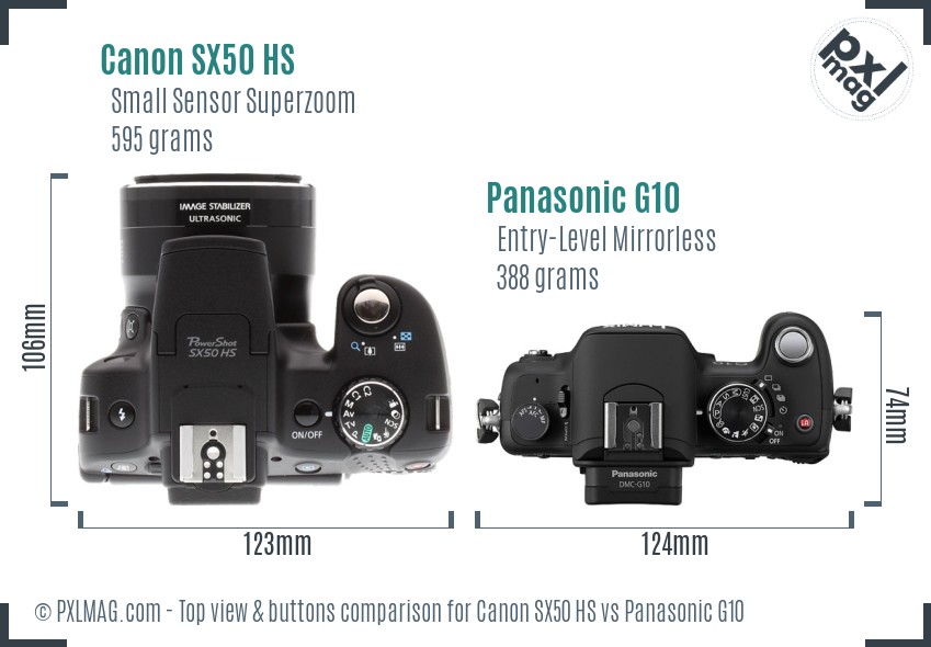 Canon SX50 HS vs Panasonic G10 top view buttons comparison