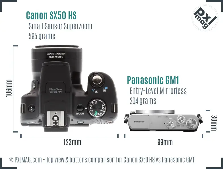 Canon SX50 HS vs Panasonic GM1 top view buttons comparison Canon SX50 HS vs Panasonic GM1 top view buttons comparison