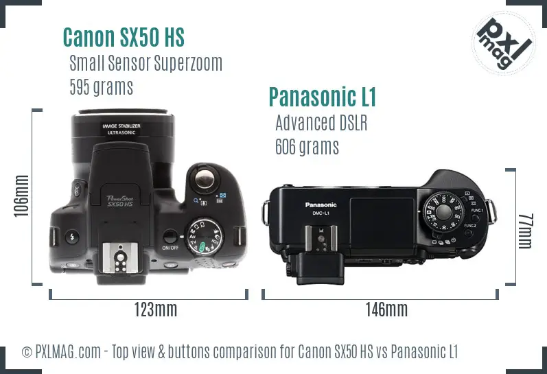 Canon SX50 HS vs Panasonic L1 top view buttons comparison Canon SX50 HS vs Panasonic L1 top view buttons comparison