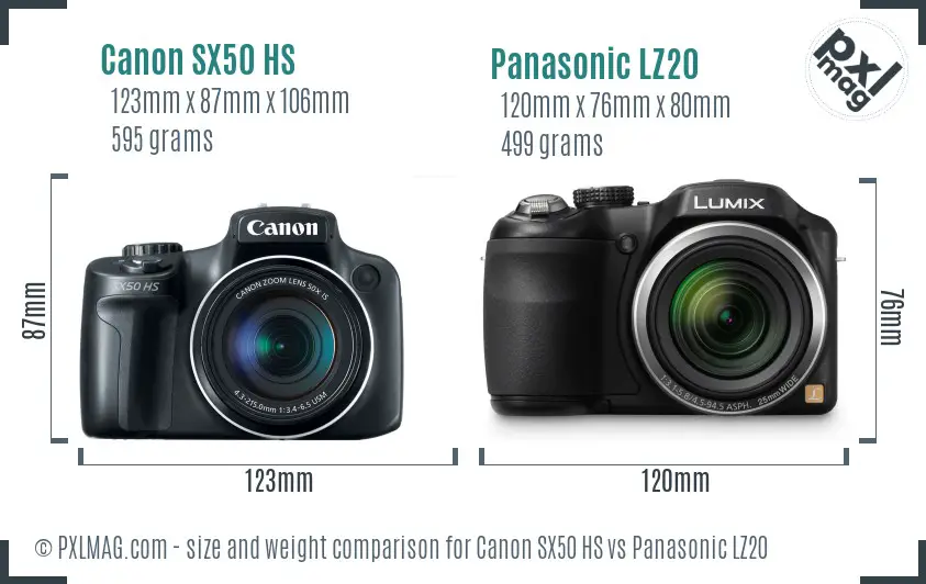 Canon SX50 HS vs Panasonic LZ20 size comparison