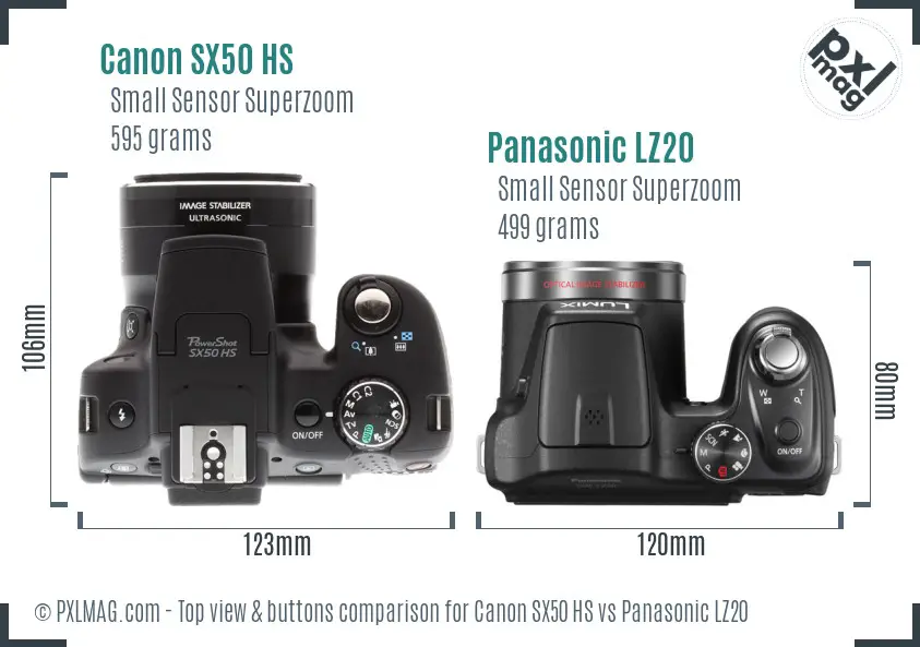 Canon SX50 HS vs Panasonic LZ20 top view buttons comparison